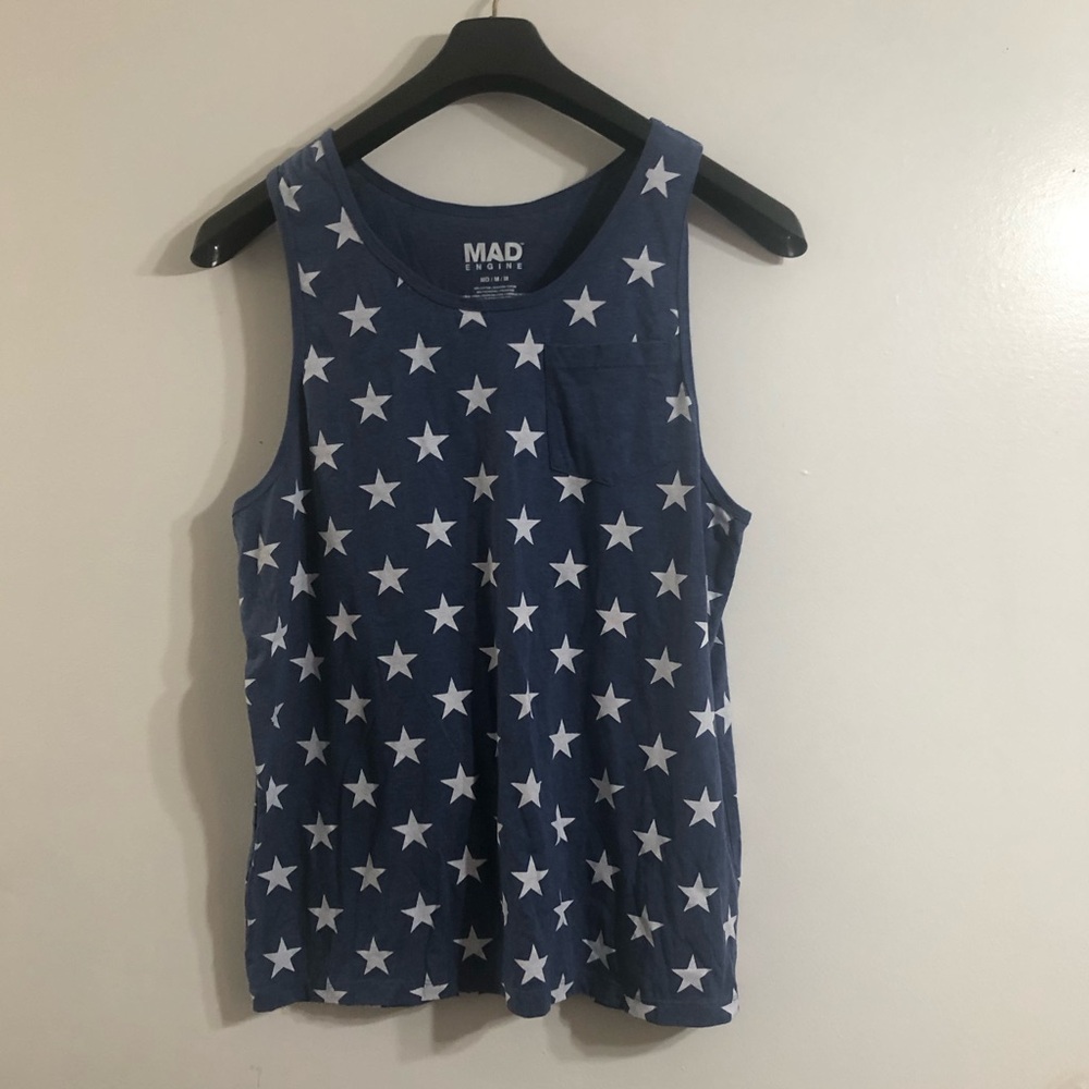 Mad Engine Tank Top side pocket crewneck Stars graphics pull over blue.M